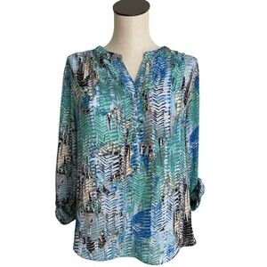 Zac & Rachel Blue & Green Top Split V-Neck Blouse Roll Tab Sleeve Large Petite
